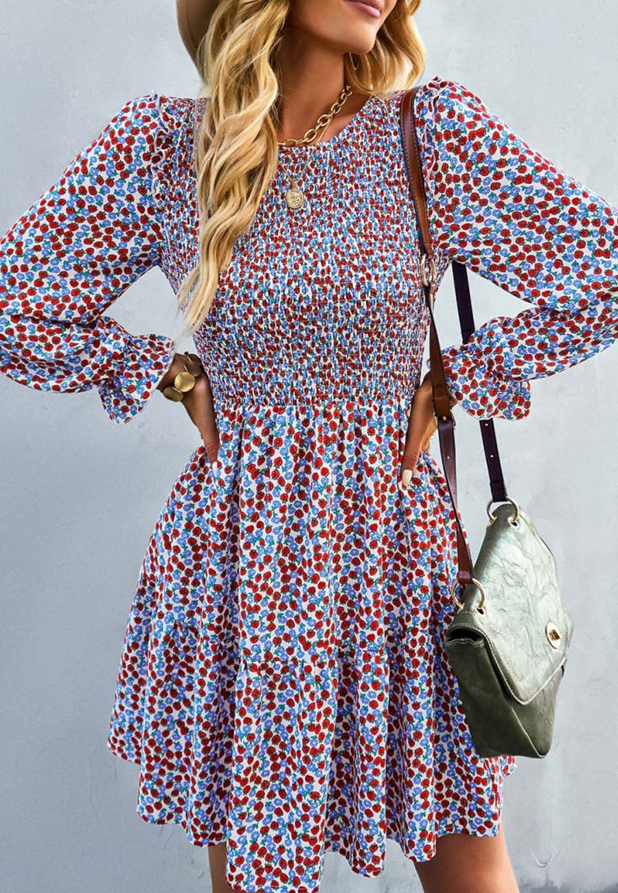 Smocked Chest Long Sleeve Floral Dress