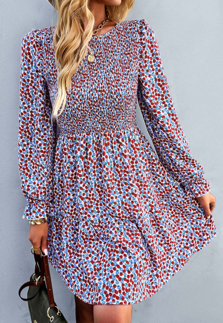Smocked Chest Long Sleeve Floral Dress