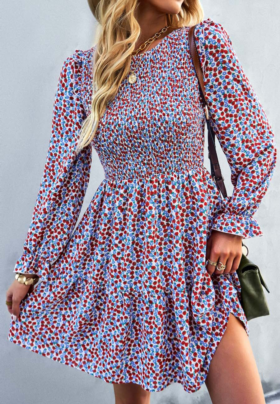 Smocked Chest Long Sleeve Floral Dress