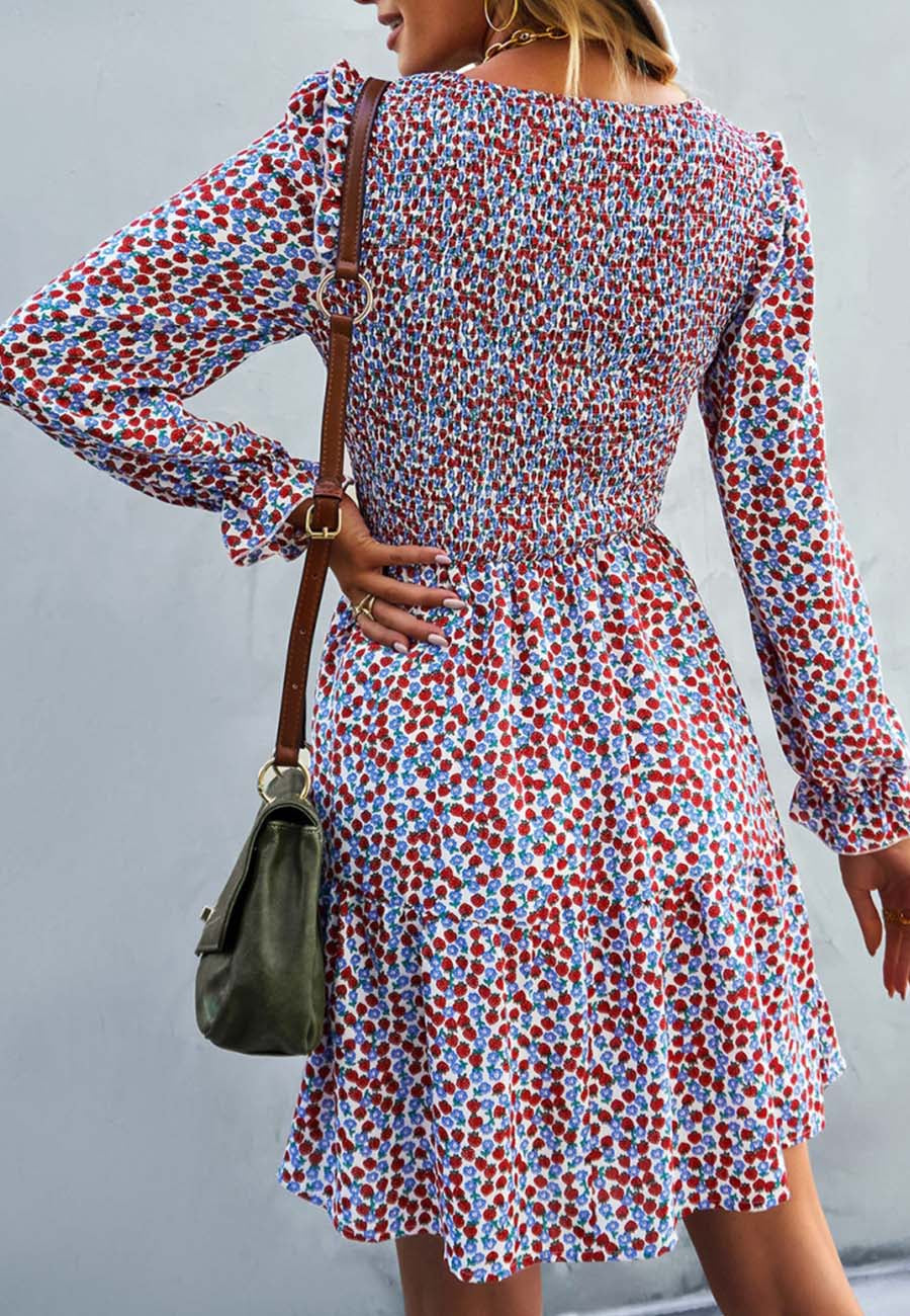 Smocked Chest Long Sleeve Floral Dress
