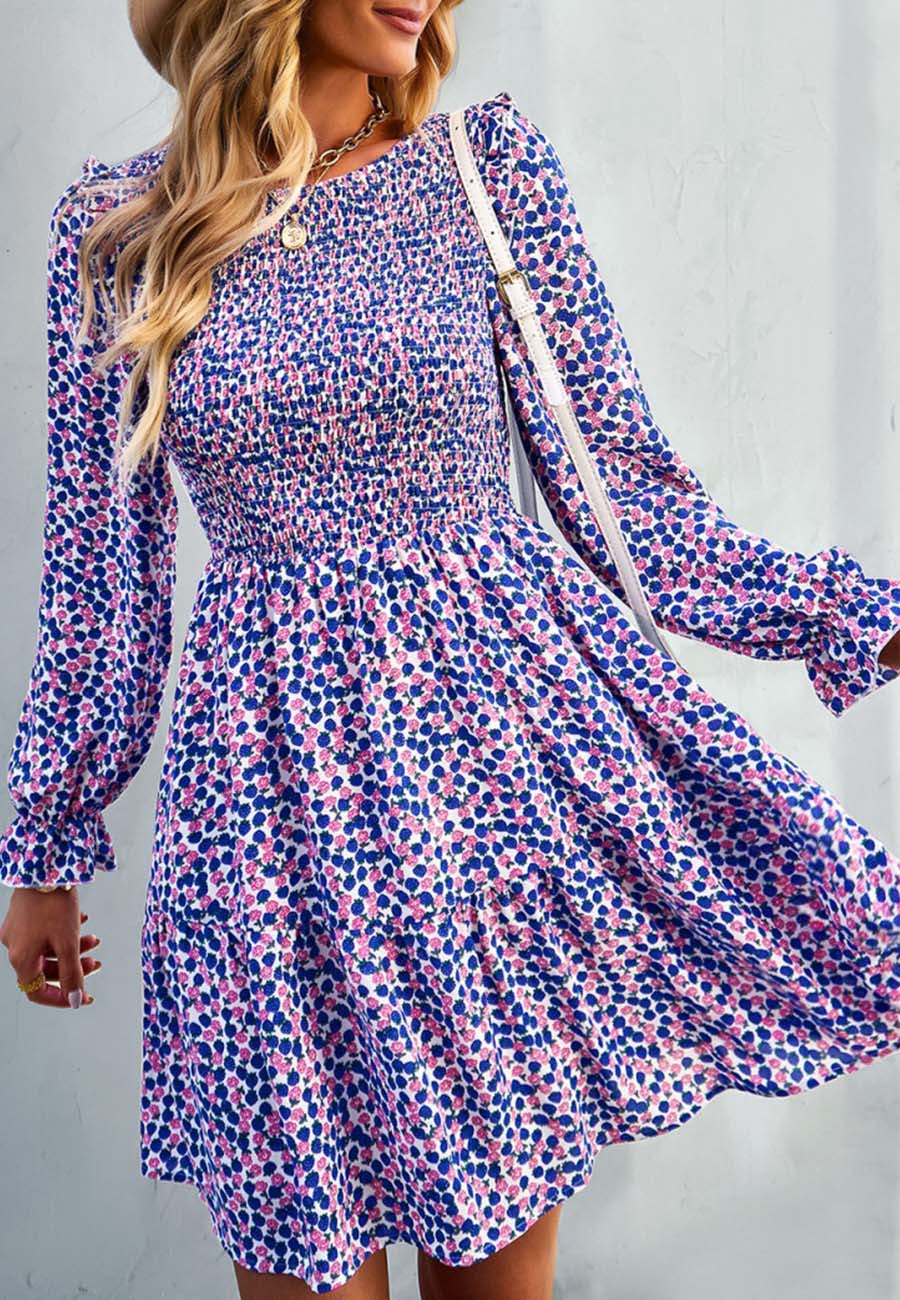 Smocked Chest Long Sleeve Floral Dress