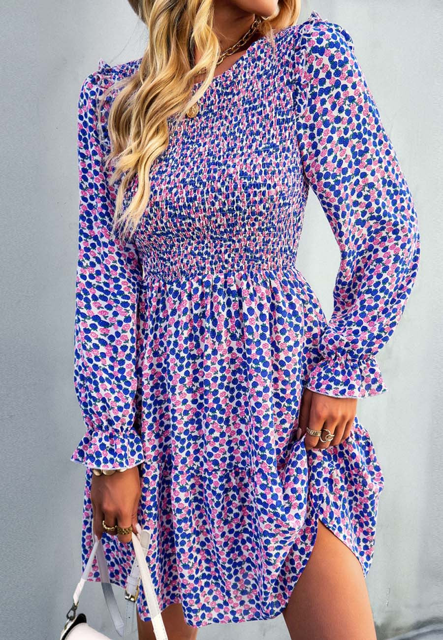 Smocked Chest Long Sleeve Floral Dress