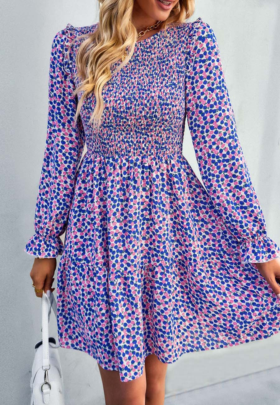 Smocked Chest Long Sleeve Floral Dress