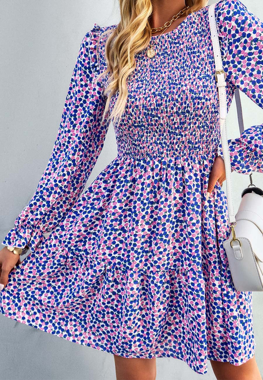 Smocked Chest Long Sleeve Floral Dress