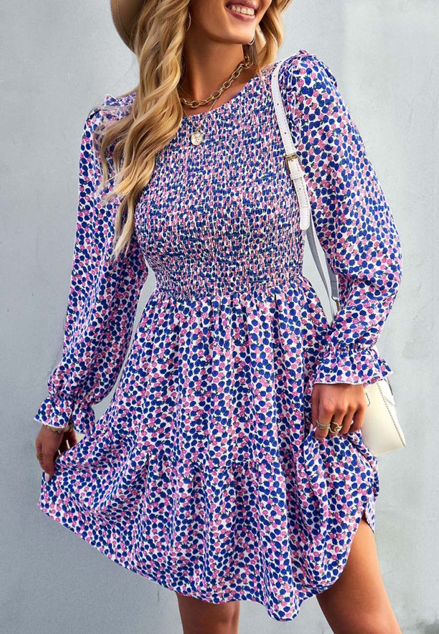 Smocked Chest Long Sleeve Floral Dress