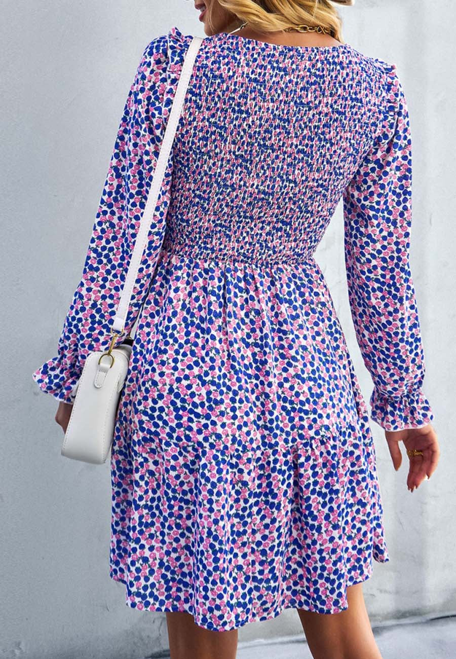 Smocked Chest Long Sleeve Floral Dress