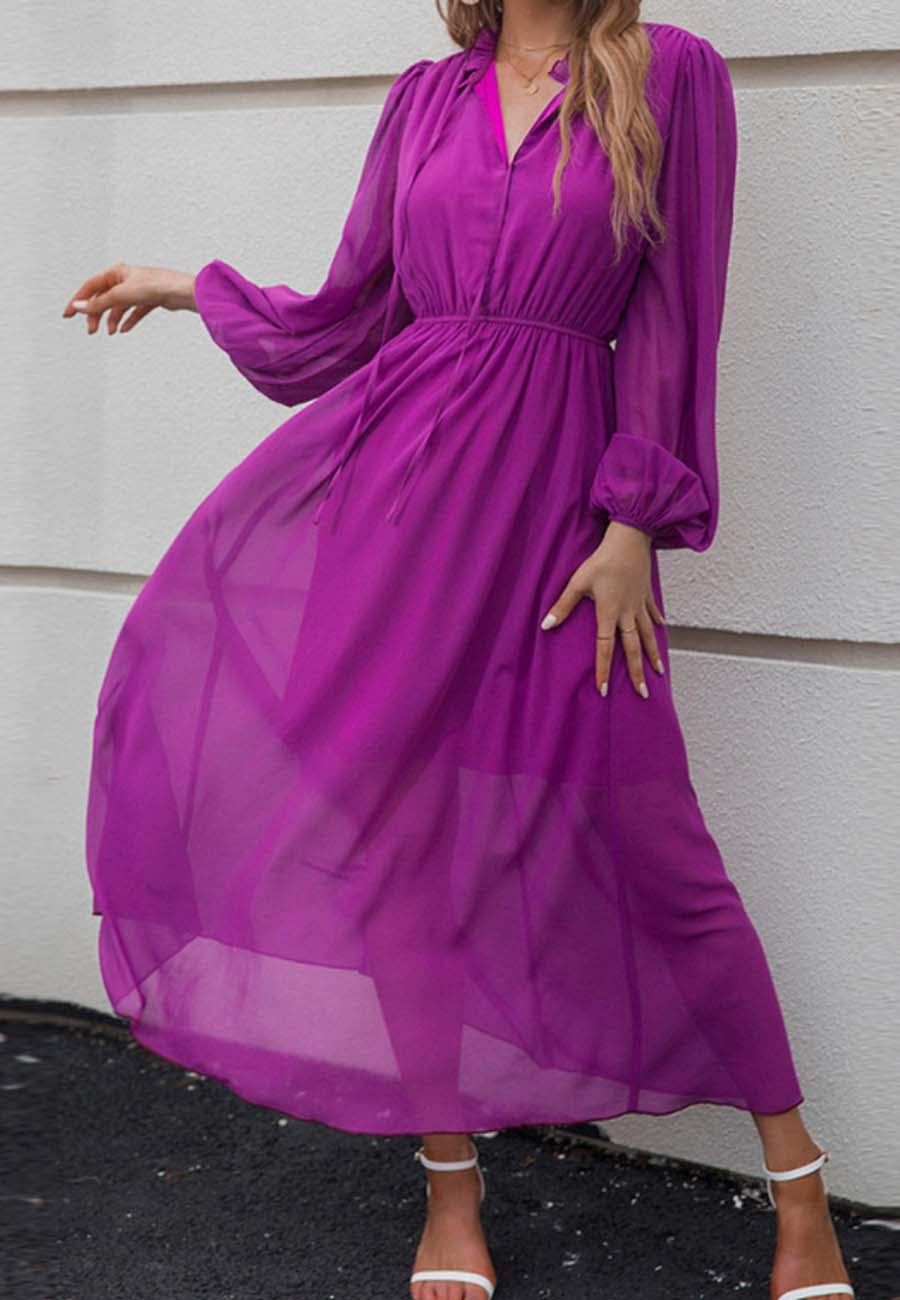 Tie Ruffle Neck Bishop Sleeve Dress