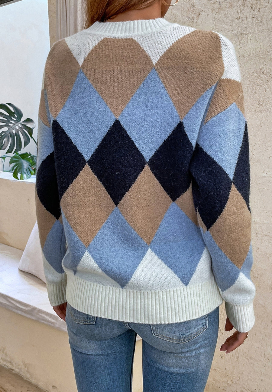 Color Block Argyle Knit Sweater