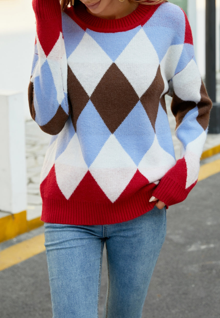 Color Block Argyle Knit Sweater