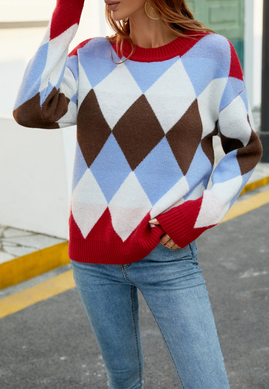 Color Block Argyle Knit Sweater