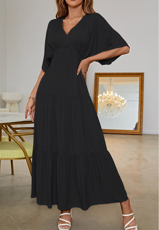 Plunge Neck Tiered Maxi Dress