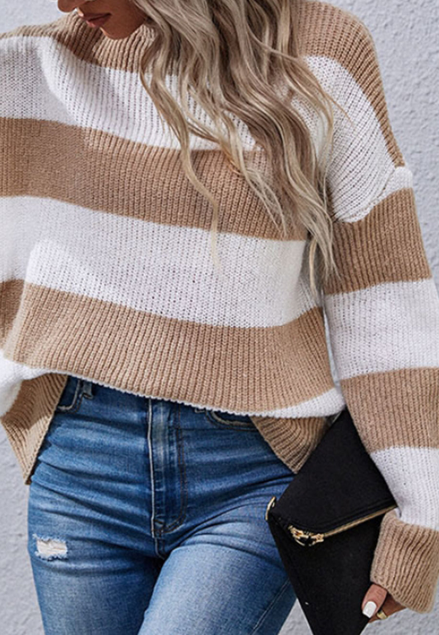 High Neck Textured Striped Sweater