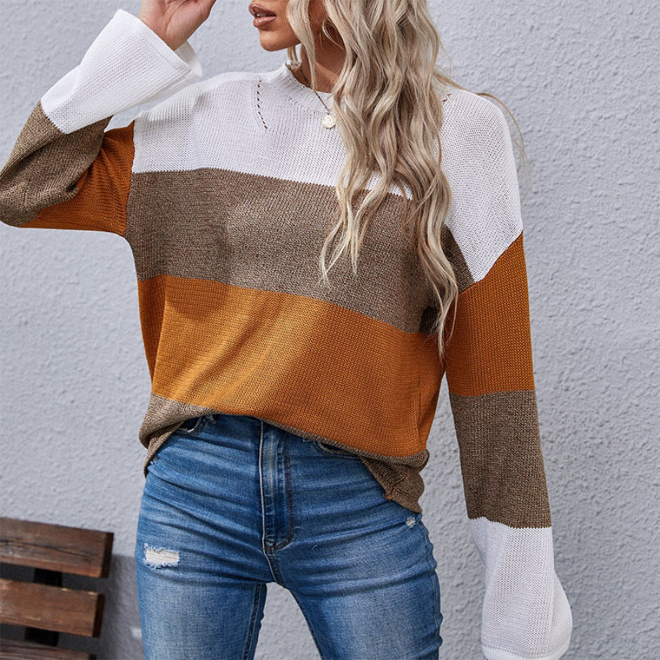 Distressed Detail Color Block Sweater