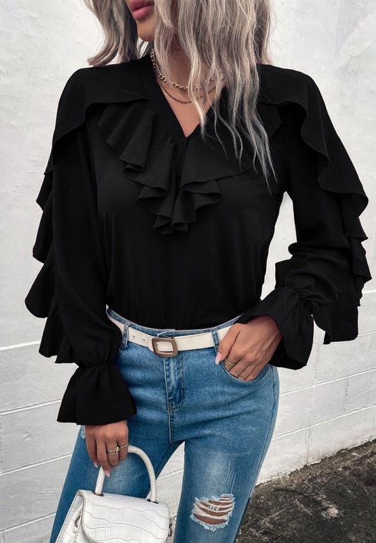 V Neck Ruffle Detail Vintage Blouse