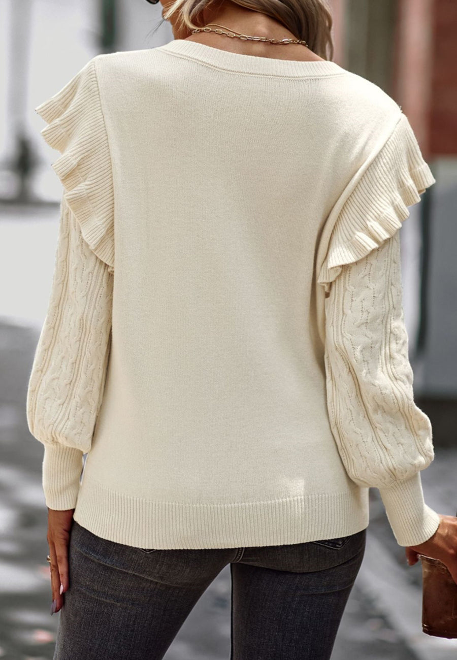 Cable Knit Ruffle Shoulder Sweater