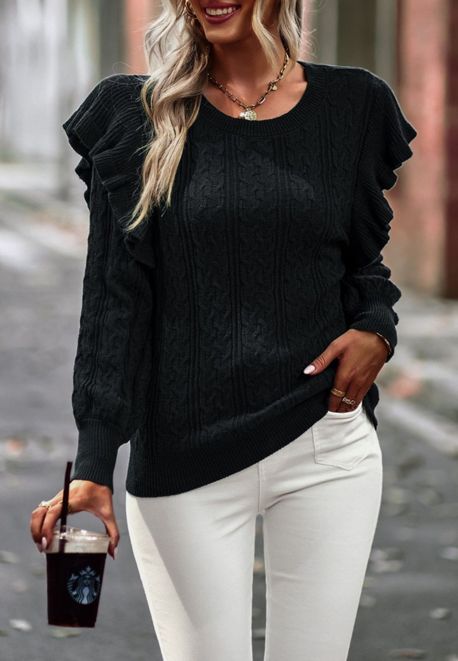 Cable Knit Ruffle Shoulder Sweater
