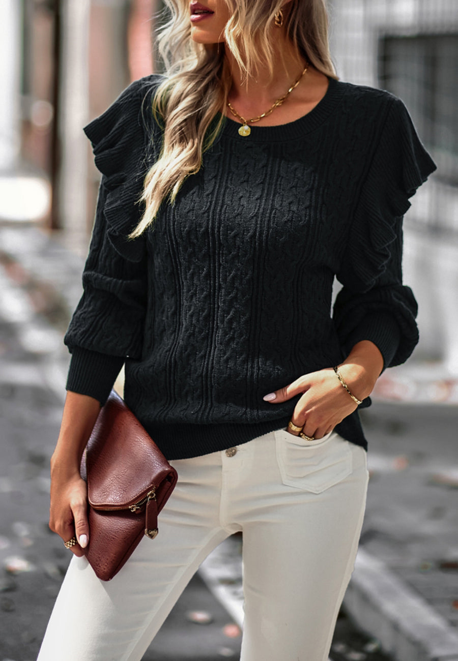 Cable Knit Ruffle Shoulder Sweater