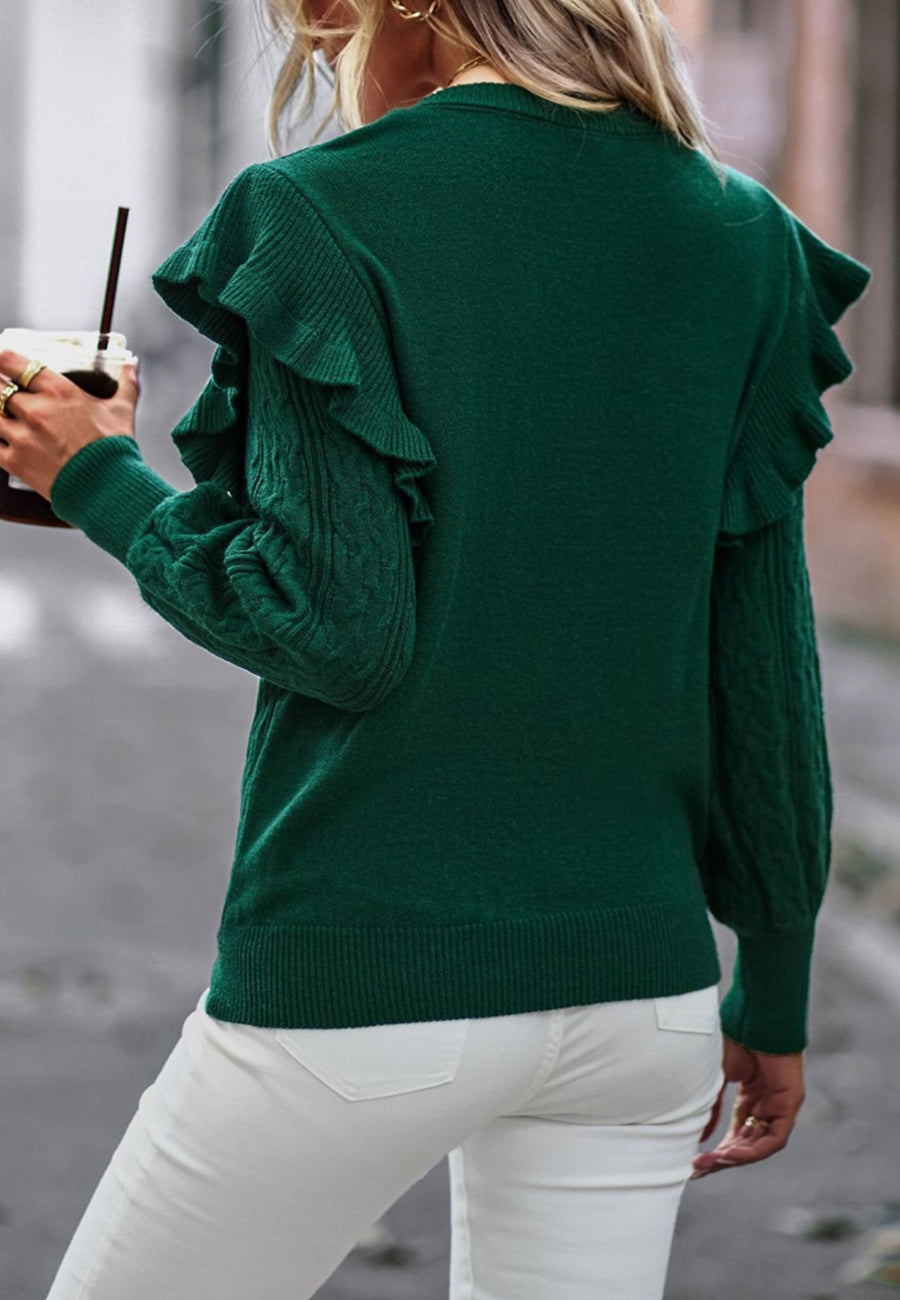 Cable Knit Ruffle Shoulder Sweater