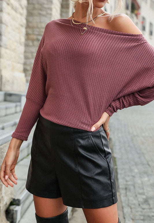 One Shoulder Waffle Knit Sweater