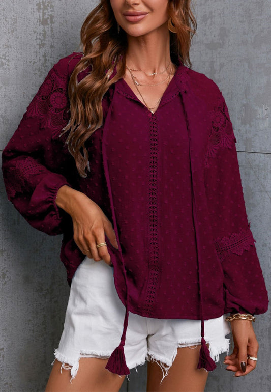 Clip Dot Lace Detail Boho Blouse