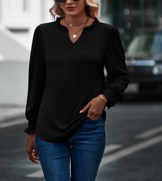 Ruffle Neck Shirred Cuff Sweater