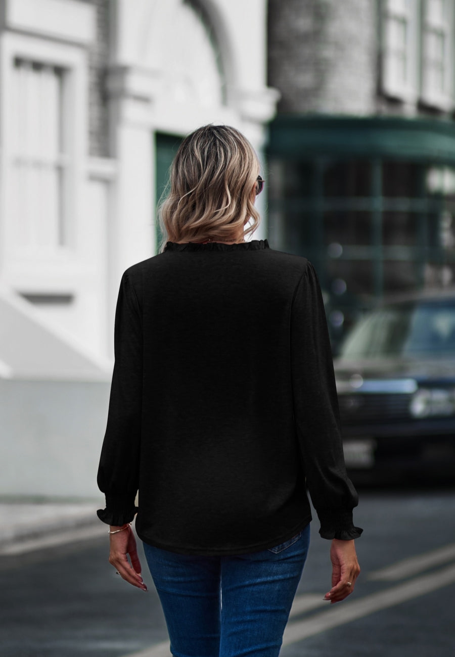 Ruffle Neck Shirred Cuff Sweater