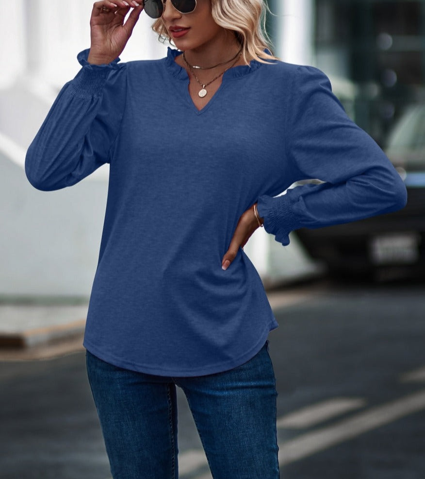 Ruffle Neck Shirred Cuff Sweater