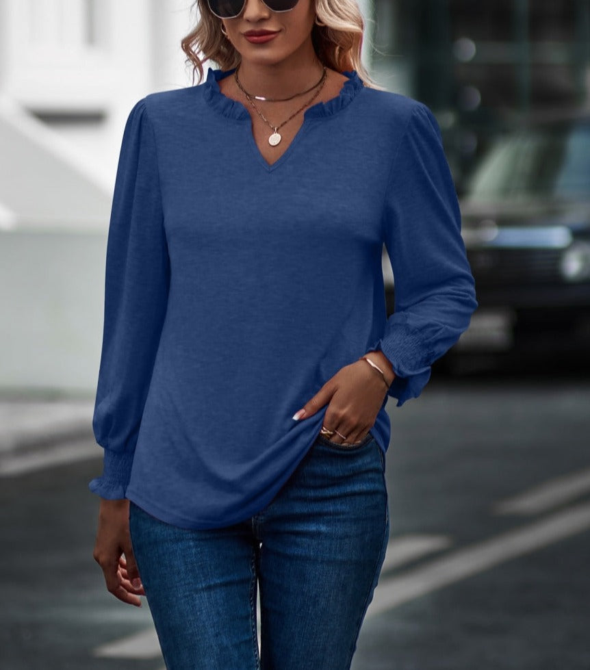 Ruffle Neck Shirred Cuff Sweater