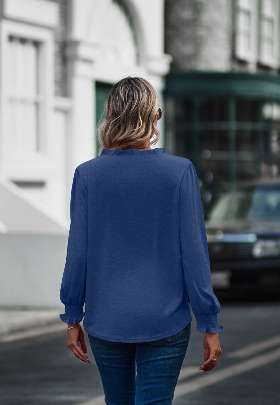Ruffle Neck Shirred Cuff Sweater