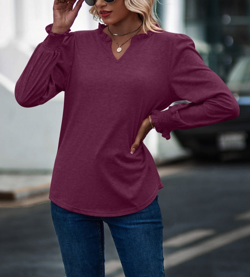 Ruffle Neck Shirred Cuff Sweater