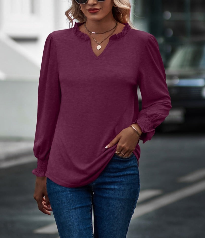 Ruffle Neck Shirred Cuff Sweater