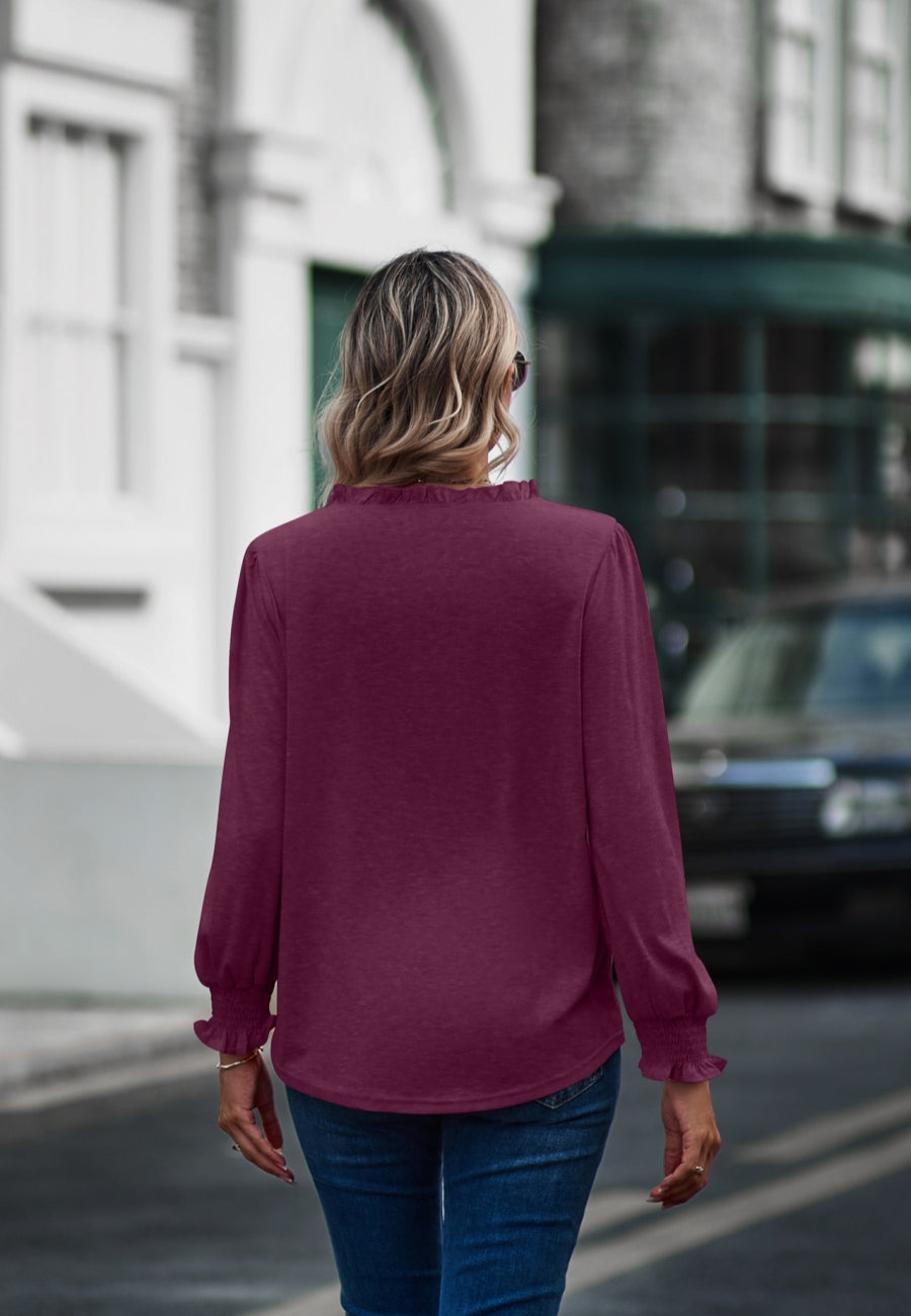 Ruffle Neck Shirred Cuff Sweater