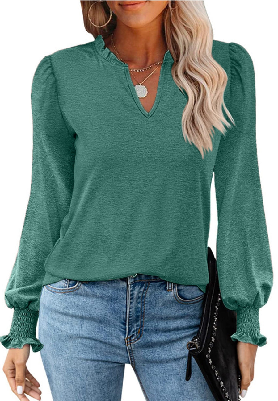 Ruffle Neck Shirred Cuff Sweater