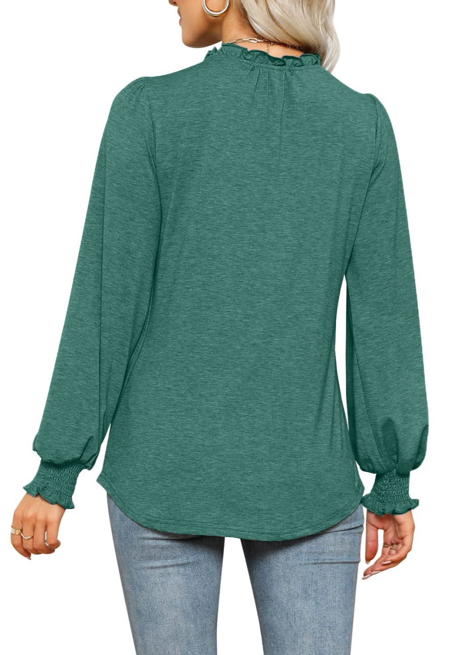 Ruffle Neck Shirred Cuff Sweater