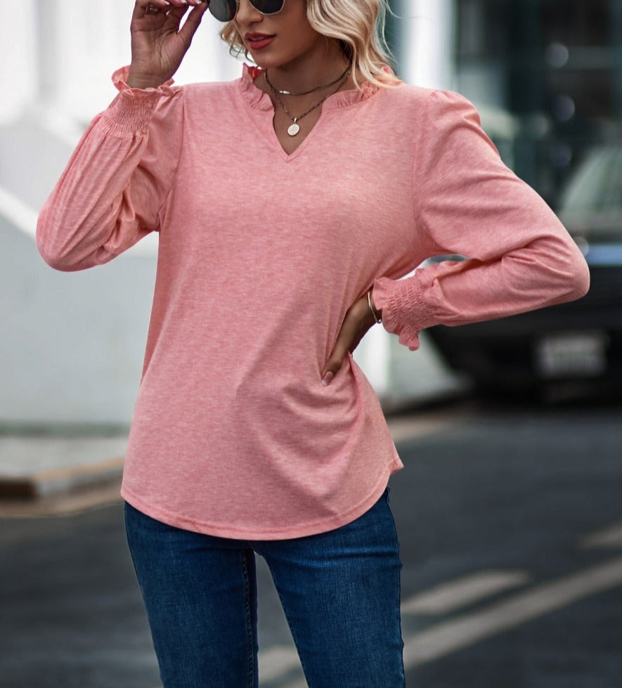 Ruffle Neck Shirred Cuff Sweater