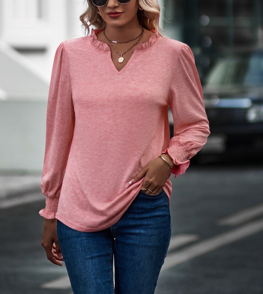 Ruffle Neck Shirred Cuff Sweater