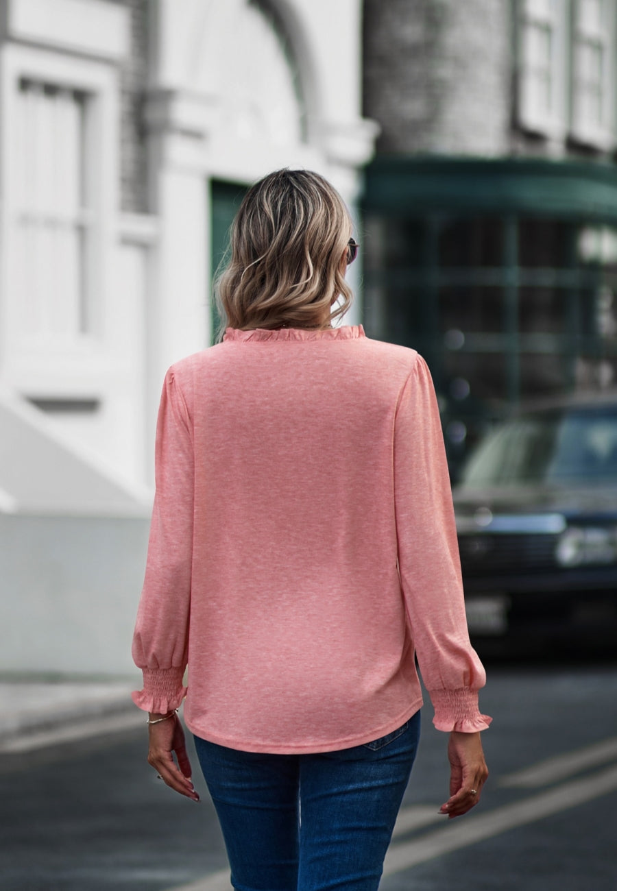 Ruffle Neck Shirred Cuff Sweater