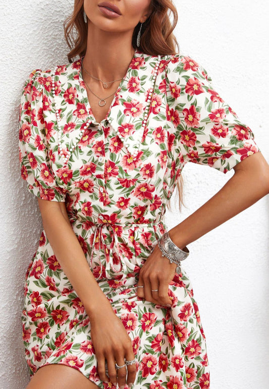 Romantic Floral Print Collared Dress