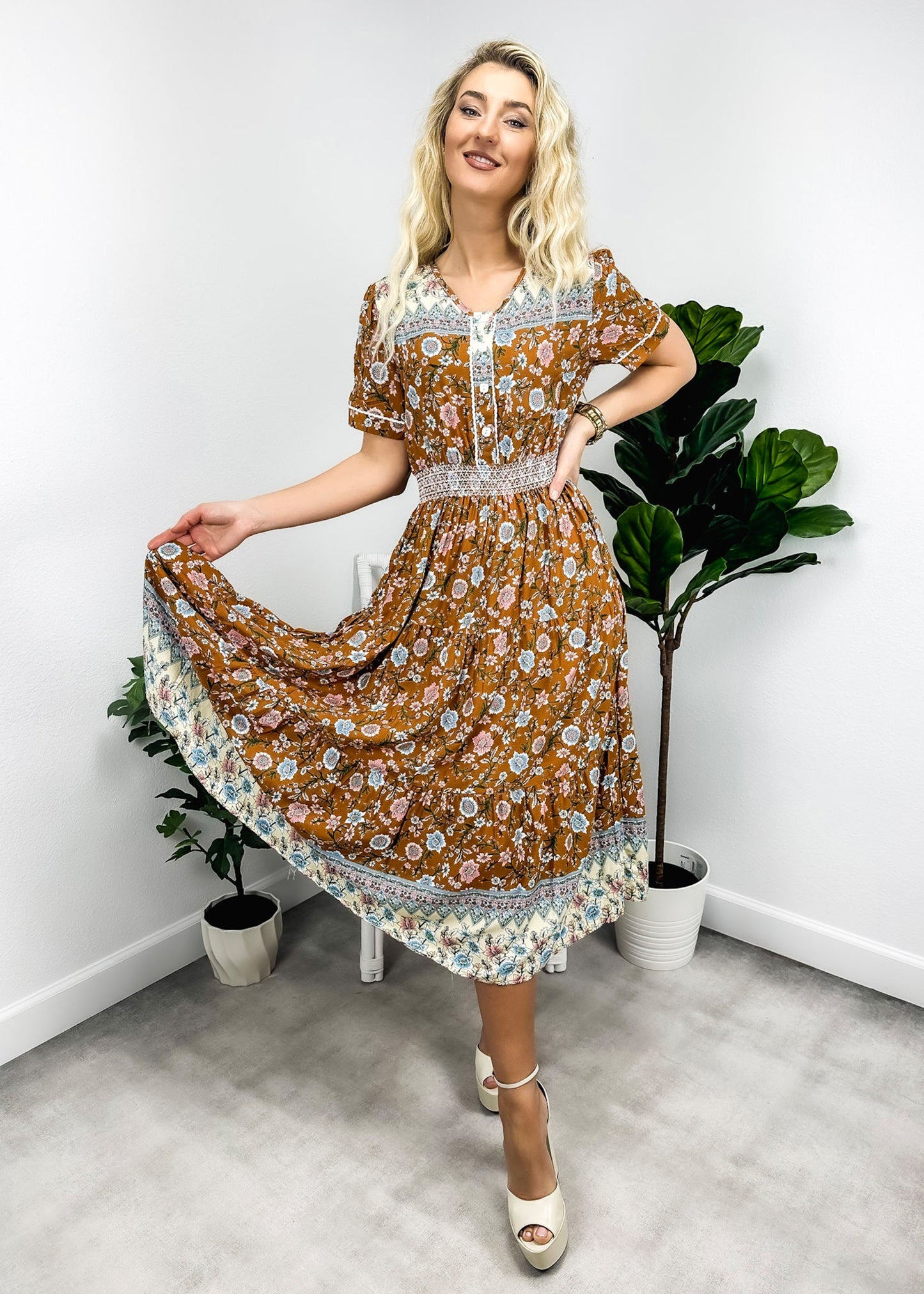 Vintage Printed Short Sleeve Dress
