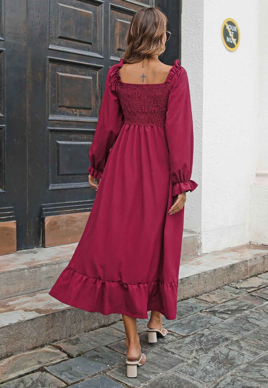 Square Neck Shirred Midi Dress