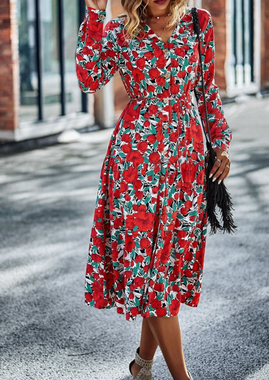 V Neck Floral Button Down Dress