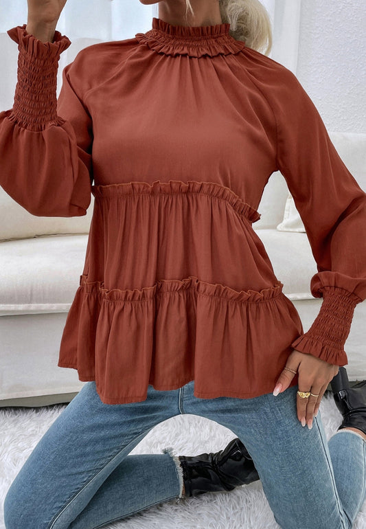 Ruffle Neck Tiered Fall Blouse