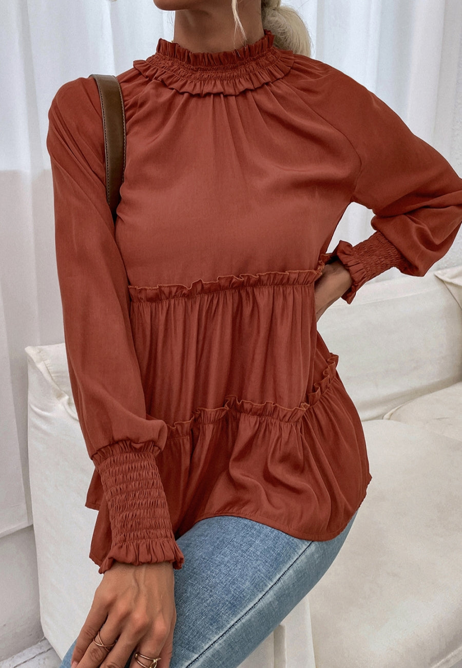 Ruffle Neck Tiered Fall Blouse