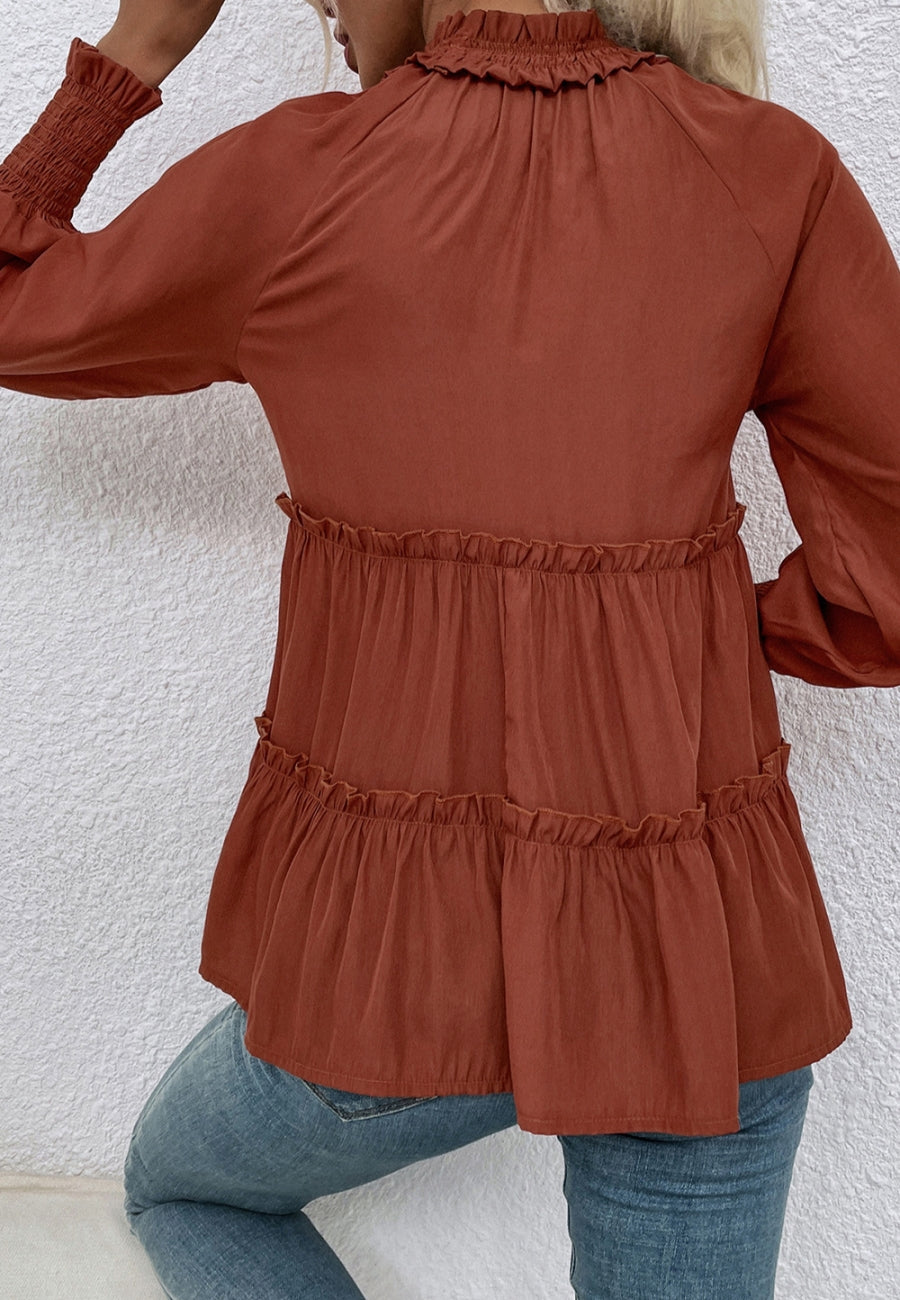 Ruffle Neck Tiered Fall Blouse