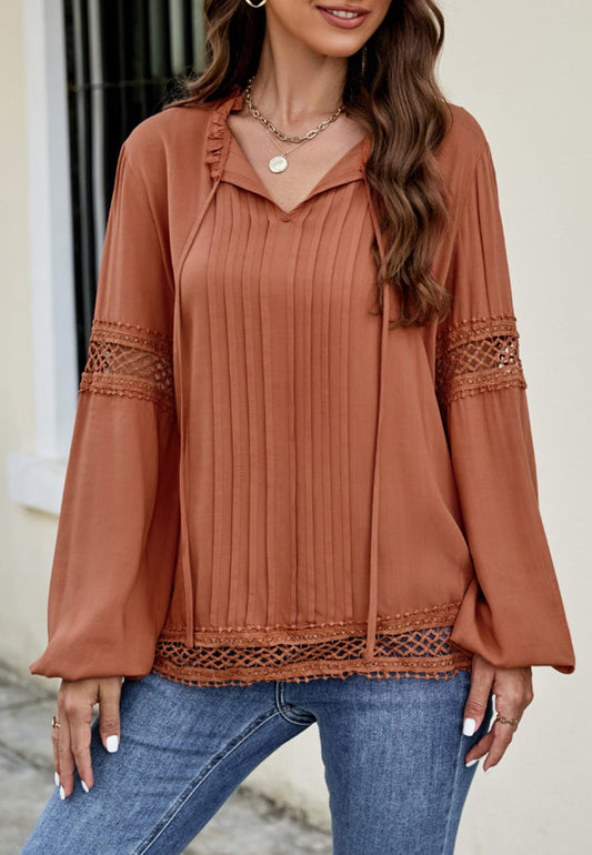 Surplice Front Tie Long Sleeve Blouse