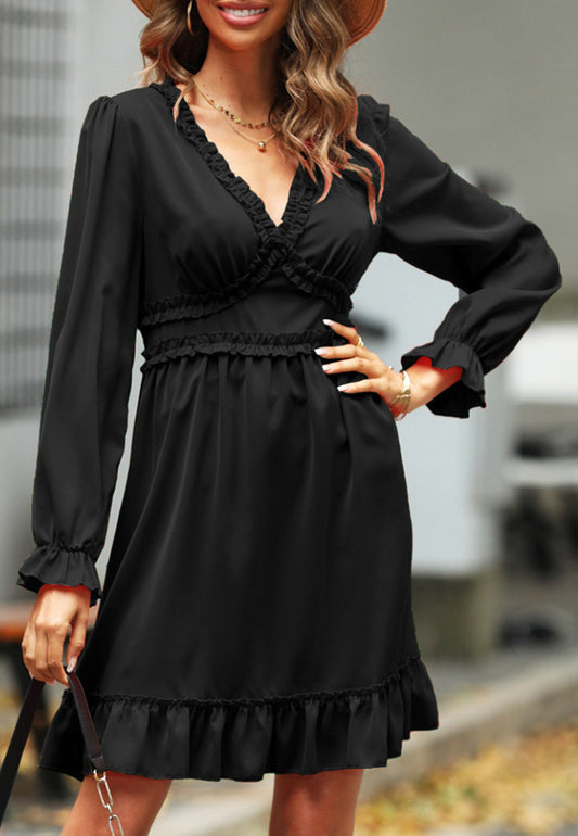 Lace V-Neck Ruffle Swing Dress