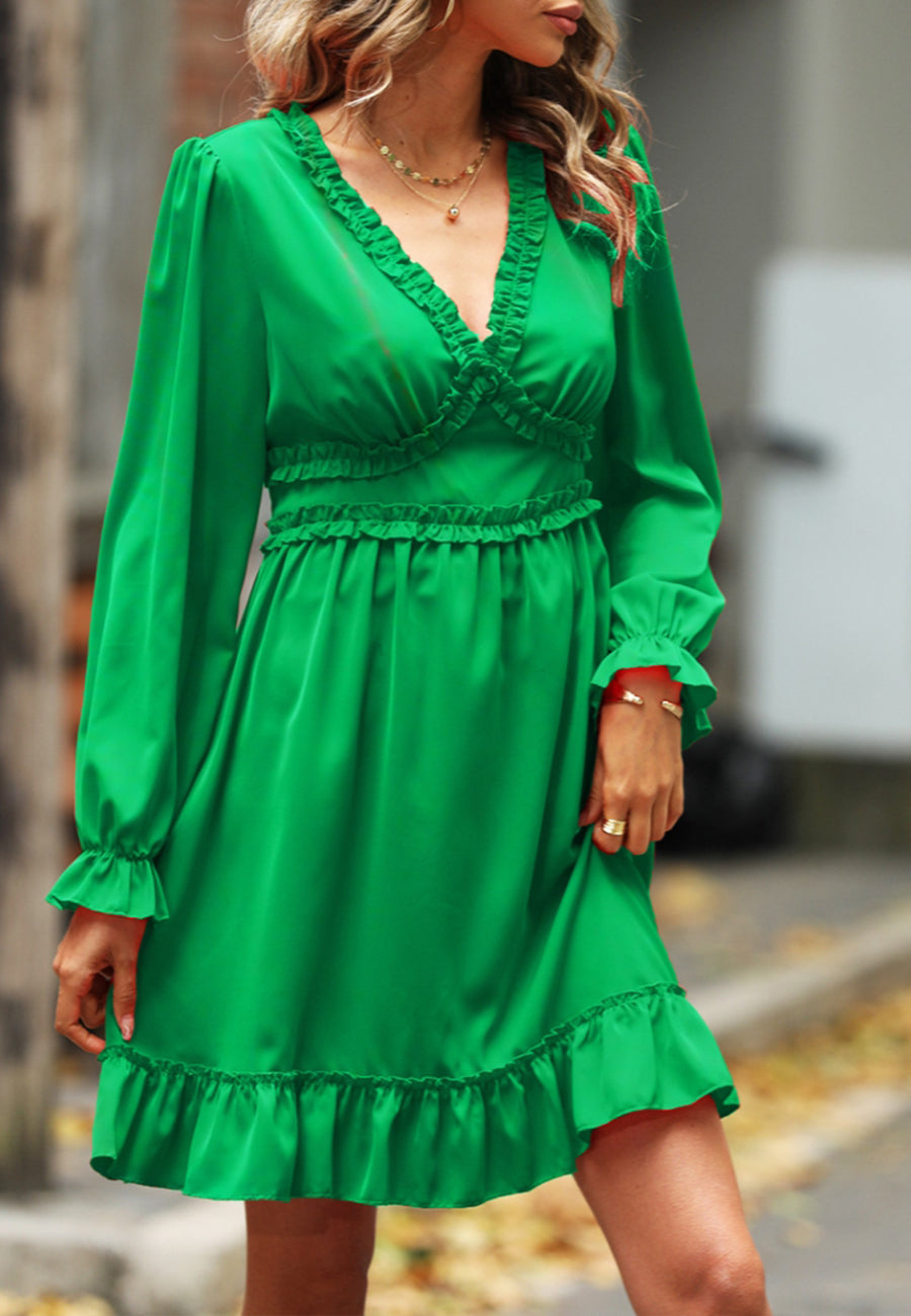 Lace V-Neck Ruffle Swing Dress