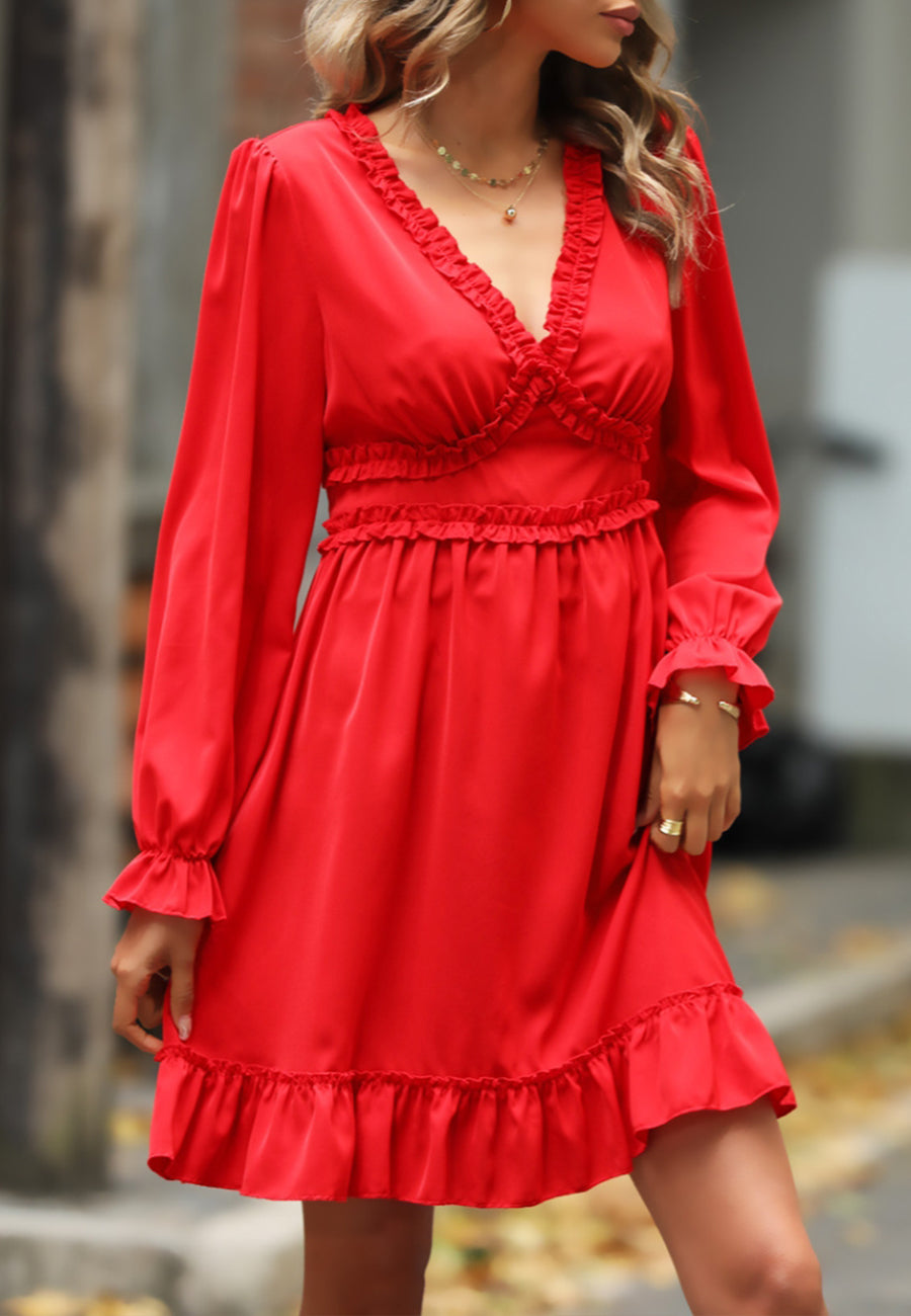 Lace V-Neck Ruffle Swing Dress