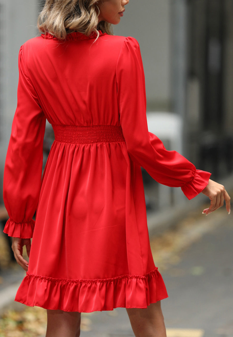 Lace V-Neck Ruffle Swing Dress