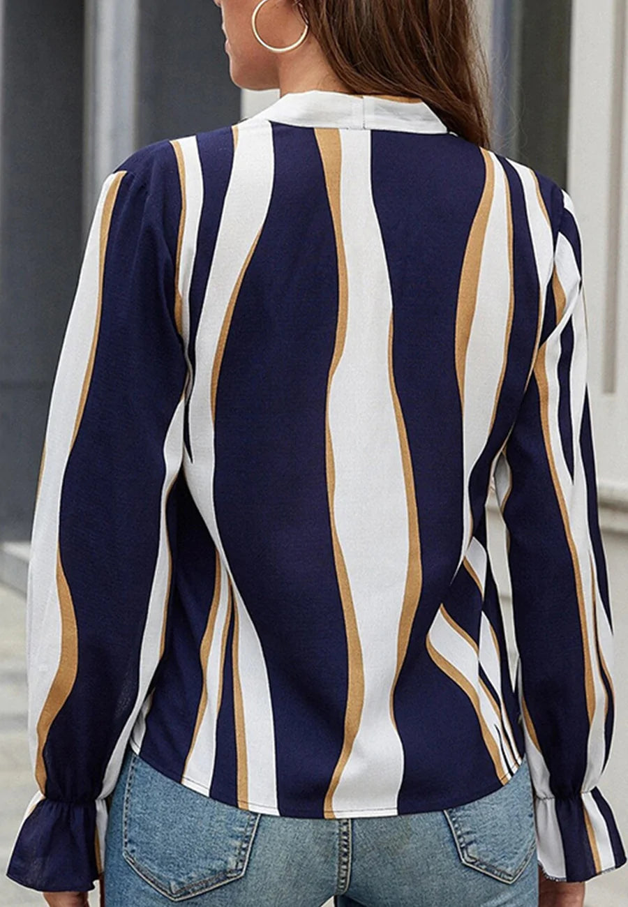 Tie Neck Striped Print Blouse